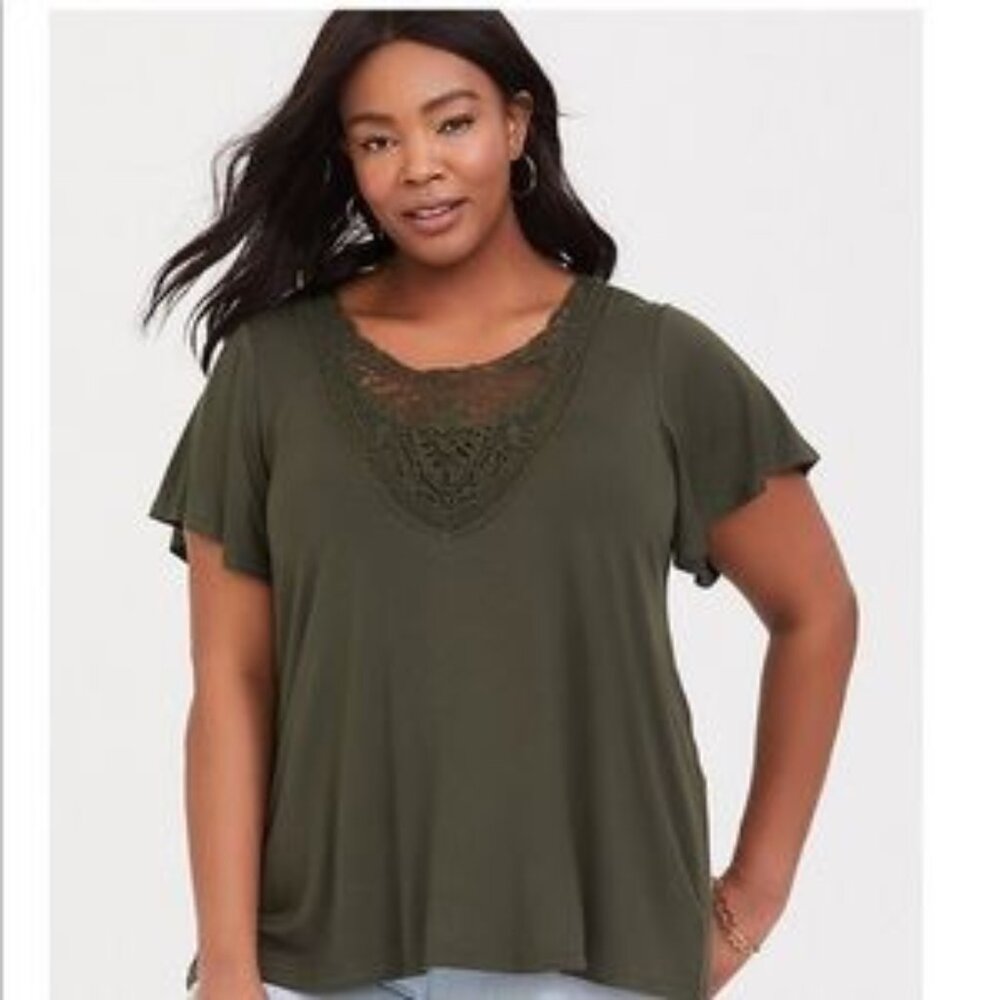 Torrid Super Soft Olive Green Crochet Tee